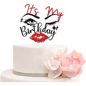It's My Birthday Cake Topper Funny Birthday Party Decorations for Girls Women Red Lip Eye Happy Birthday Cake Decor Black Red Glitter