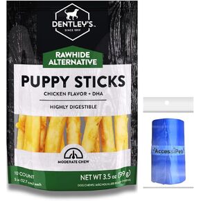 Dog Chews Bundles for Puppies and Small Dogs, Rawhide Free Alternative 5 inch Puppy Sticks Bundle with 1 Dog Waste Roll, Dental Treats for Moderate Chewers (Chicken, 10 Count)