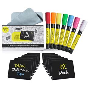 Mini Chalkboard Signs, 12 Pack with 7 Different Color Liquid Chalk Markers, Cleaning Wipe Great for Table Numbers, Food Signs, Wedding Signs, Message Board, Place Cards and Event Decorations