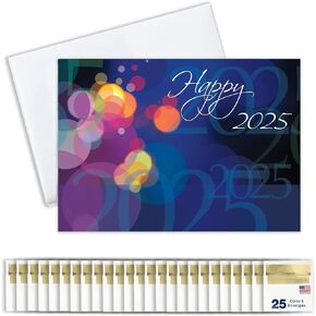 New Years Cards for Business & Family (Bubbly 2025) Greeting Card Set Pack of 25 Happy New Year Cards with Envelopes for 2025 (5x7 inch - A7) Great for Office, Work, Employees & Clients N7015