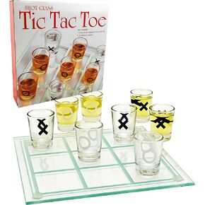 Matty's Toy Stop Tic-Tac-Toe, Three in A Row Shot Glass Drinking Game with 9 Shot Glasses and Glass Game Board (10" x 10")