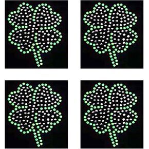 Set of 4 Bling Clover Lucky Leaf 2.5'' Height Green and Silver Rhinestone Iron On Hotfix Transfer DIY Decal Emblem Patch