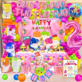 Little Shark Baby Girl Birthday Decorations for Shark Two Two Two Baby Girl Birthday, Shark Family Baby Foil Balloons Included, Backdrop Cake Topper with Shark Cute Baby Pattern for 2nd Birthday Girl