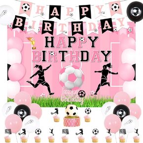 Soccer Birthday Decorations for Girls, Pink Soccer Happy Birthday Decorations Backdrop Banner Cake Cupcake Toppers Balloons for Girl Sports Football Theme Birthday Party Supplies