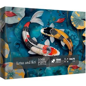 Fall Fish Puzzles for Adults 1000 Pieces, Autumn Nature Art Jigsaw Puzzles, Flower Lotus Pond Puzzles