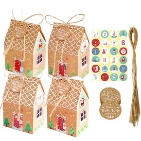Christmas Bags, 24 Pack Christmas Gingerbread House Candy Box, Small Christmas Treat Boxes with Stickers, Small tag and String, Small Kraft Paper Party Favor Supplies Decor, 24-Piece Set, 4 Styles