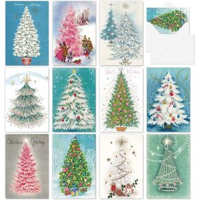 AnyDesign 33 Pack Christmas Cards Vintage Christmas Tree Greeting Cards with Stickers Envelopes Retro Xmas Tree Blank Note Cards for Christmas Winter Holiday Party Supplies, 4 x 6 Inch (A2837)
