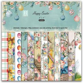 XMBHHRM 24 Sheets Easter Scrapbook Paper Spring Rabbit Decorative Craft Paper 6 x 6 Inch Bunny Eggs Themed Single -Sided Pattern for DIY Card Making Junk Journal Decor Album Supplies (A-Style)