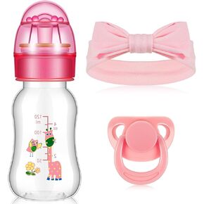 3 Pieces Reborn Baby Doll Accessories, Include Baby Doll Bottles, Magnetic Pacifier and Baby Doll Headband Feeding Bottle for Reborn Dolls (Pink,Giraffe Pattern)