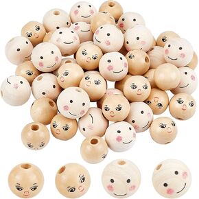 PH PandaHall 52pcs Face Wood Beads 21mm 24mm Painted Wooden Beads 2 Style Smiling Face Wooden Loose Beads Round Spacer Ball Beads for Christmas Angel Head DIY Craft Jewelry Bracelet Necklace Making