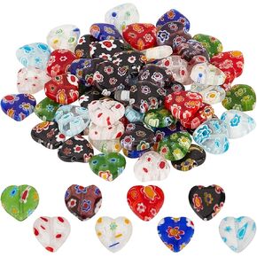 SUNNYCLUE 1 Box 80Pcs Glass Heart Beads Handmade Millefiori Glass Flower Bead Lampwork Beads Valentine's Day Red Heart Beads for Jewelry Making Beaded Bracelets Necklace DIY Craft Beading Supplies