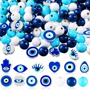 Misdary 200 Pcs Evil Eye Beads Blue White Wooden Beads Assorted Wood Beads Evil Eye Spacer Beads for Jewelry Making Necklace Bracelets Charms DIY Handmade Craft Dreamcatcher