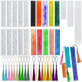 5 pcs Resin Bookmark Molds with Tassel, Rectangle Leaves Texture Flower Shaped Bookmark Molds for Epoxy Resin(13 Styles) with 20 Pieces Colorful Tassels for Jewelry DIY Craft