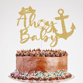 Glitter Ahoy Baby Cake Topper - Nautical Ocean Welcome Baby Cake Decorations, Vacation Baby Shower Birthday Party Decorations Gold