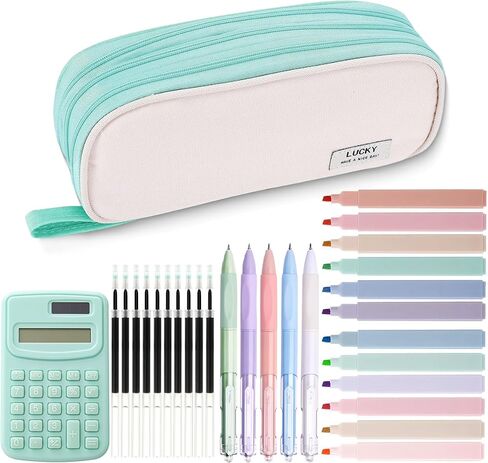 Large Capacity Student Pencil Case Set with Calculator, 12 Color Highlighters, 5 Black Gel Pens, 10 Refills - Durable Canvas with Double Zipper, Multicolor Options (Water Blue) in Saudi Arabia