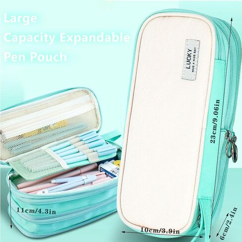Large Capacity Student Pencil Case Set with Calculator, 12 Color Highlighters, 5 Black Gel Pens, 10 Refills - Durable Canvas with Double Zipper, Multicolor Options (Water Blue) in Saudi Arabia