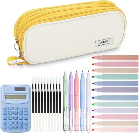 Large Capacity Student Pencil Case Set with Calculator, 12 Color Highlighters, 5 Black Gel Pens, 10 Refills - Durable Canvas with Double Zipper, Multicolor Options (Water Blue) in Saudi Arabia