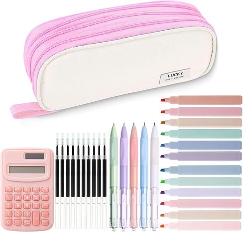Large Capacity Student Pencil Case Set with Calculator, 12 Color Highlighters, 5 Black Gel Pens, 10 Refills - Durable Canvas with Double Zipper, Multicolor Options (Water Blue) in Saudi Arabia