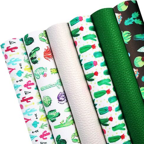 David accessories 6 Pcs 7.7"x12.9" (20 cm x 33 cm) Lychee Pattern Plant Cactus Printed Faux Leather Fabric Sheets Include 2 Kinds of Leather Fabric for DIY Bows Earrings Making Crafts (Cactus) in Saudi Arabia