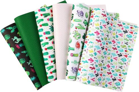 David accessories 6 Pcs 7.7"x12.9" (20 cm x 33 cm) Lychee Pattern Plant Cactus Printed Faux Leather Fabric Sheets Include 2 Kinds of Leather Fabric for DIY Bows Earrings Making Crafts (Cactus) in Saudi Arabia