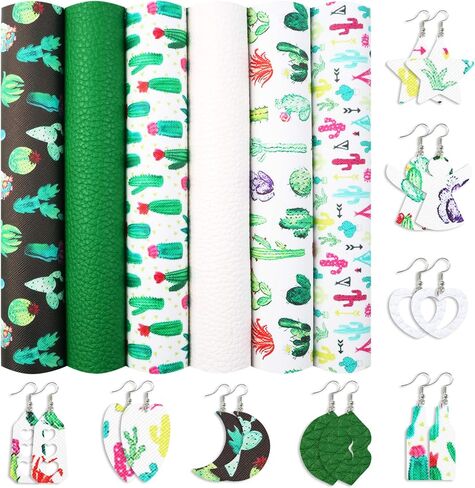 David accessories 6 Pcs 7.7"x12.9" (20 cm x 33 cm) Lychee Pattern Plant Cactus Printed Faux Leather Fabric Sheets Include 2 Kinds of Leather Fabric for DIY Bows Earrings Making Crafts (Cactus) in Saudi Arabia