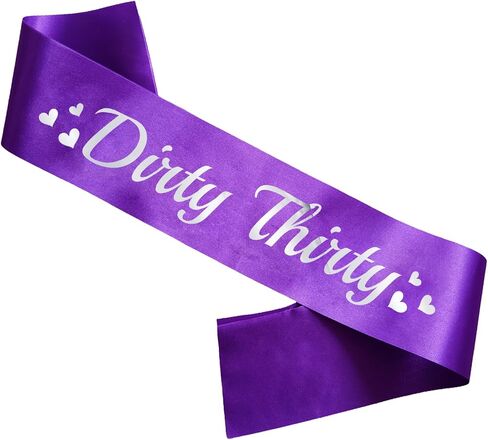 30th Birthday Sash Violet, Silver Foil Birthday Sash for Women 30th Funny Birthday Party Decorations, Dirty Thirty Bday Sash Gift Ideas in Saudi Arabia