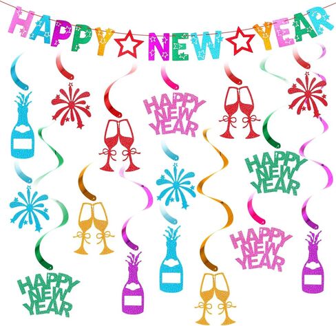TaoBary 17 Pcs Happy New Year Banner and Hanging Swirl Streamer Glitter 2025 New Years Eve Party Supplies Colorful New Years Decorations for Ceiling Wall Backdrop Holiday Celebration Party Decor in Saudi Arabia