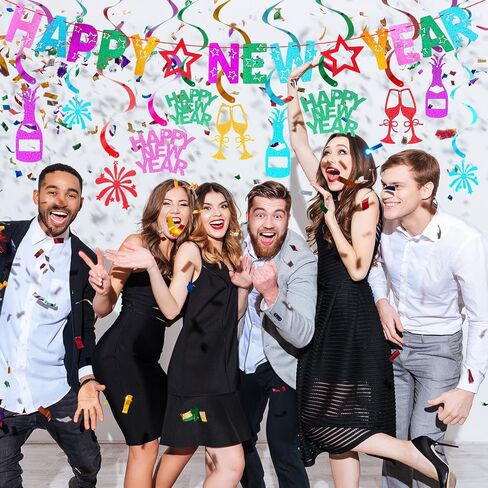 TaoBary 17 Pcs Happy New Year Banner and Hanging Swirl Streamer Glitter 2025 New Years Eve Party Supplies Colorful New Years Decorations for Ceiling Wall Backdrop Holiday Celebration Party Decor in Saudi Arabia