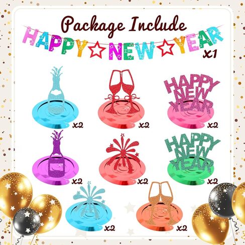 TaoBary 17 Pcs Happy New Year Banner and Hanging Swirl Streamer Glitter 2025 New Years Eve Party Supplies Colorful New Years Decorations for Ceiling Wall Backdrop Holiday Celebration Party Decor in Saudi Arabia