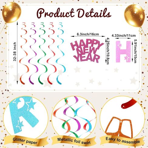TaoBary 17 Pcs Happy New Year Banner and Hanging Swirl Streamer Glitter 2025 New Years Eve Party Supplies Colorful New Years Decorations for Ceiling Wall Backdrop Holiday Celebration Party Decor in Saudi Arabia