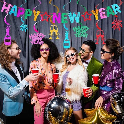 TaoBary 17 Pcs Happy New Year Banner and Hanging Swirl Streamer Glitter 2025 New Years Eve Party Supplies Colorful New Years Decorations for Ceiling Wall Backdrop Holiday Celebration Party Decor in Saudi Arabia