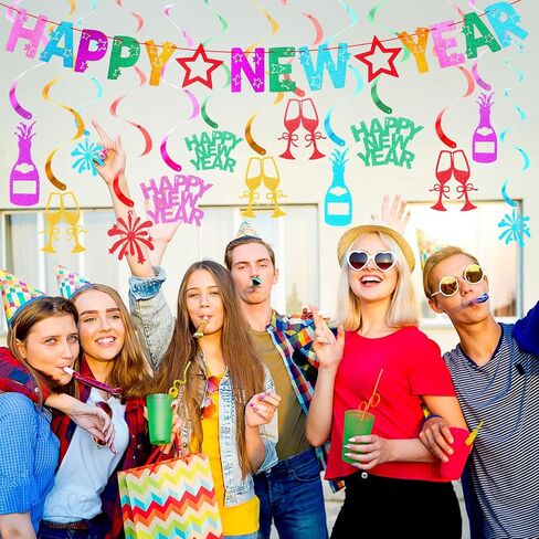 TaoBary 17 Pcs Happy New Year Banner and Hanging Swirl Streamer Glitter 2025 New Years Eve Party Supplies Colorful New Years Decorations for Ceiling Wall Backdrop Holiday Celebration Party Decor in Saudi Arabia
