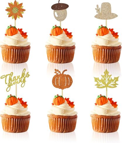 BEISHIDA 24 pcs Happy Thanksgiving Cupcake Topper Maple Leaf Leaves Pumpkins Give Thanks Cake Decoration for Fall Autumn Harvest Friends Autumn FestivalThanksgiving Party Supplies in Saudi Arabia