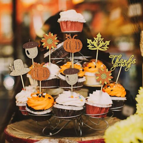 BEISHIDA 24 pcs Happy Thanksgiving Cupcake Topper Maple Leaf Leaves Pumpkins Give Thanks Cake Decoration for Fall Autumn Harvest Friends Autumn FestivalThanksgiving Party Supplies in Saudi Arabia