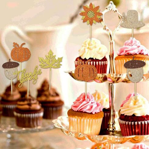 BEISHIDA 24 pcs Happy Thanksgiving Cupcake Topper Maple Leaf Leaves Pumpkins Give Thanks Cake Decoration for Fall Autumn Harvest Friends Autumn FestivalThanksgiving Party Supplies in Saudi Arabia