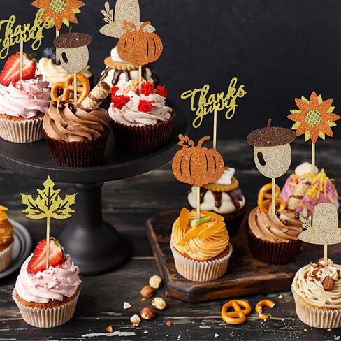 BEISHIDA 24 pcs Happy Thanksgiving Cupcake Topper Maple Leaf Leaves Pumpkins Give Thanks Cake Decoration for Fall Autumn Harvest Friends Autumn FestivalThanksgiving Party Supplies in Saudi Arabia