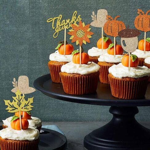 BEISHIDA 24 pcs Happy Thanksgiving Cupcake Topper Maple Leaf Leaves Pumpkins Give Thanks Cake Decoration for Fall Autumn Harvest Friends Autumn FestivalThanksgiving Party Supplies in Saudi Arabia