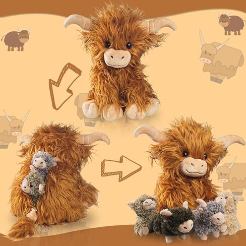 مجموعة 5 قطع من حيوانات بقرة المرتفعات المحشوة مع الأطفال، لعبة بقرة المرتفعات الاسكتلندية مقاس 35.56 سم من القطيفة مع 4 أطفال لطيفين محشوين على شكل بقرة هايلاند، دمية هدايا للأطفال في أعياد الميلاد وعيد الميلاد in Kuwait