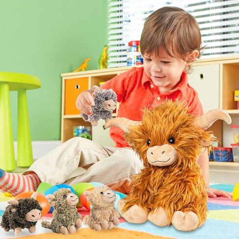 مجموعة 5 قطع من حيوانات بقرة المرتفعات المحشوة مع الأطفال، لعبة بقرة المرتفعات الاسكتلندية مقاس 35.56 سم من القطيفة مع 4 أطفال لطيفين محشوين على شكل بقرة هايلاند، دمية هدايا للأطفال في أعياد الميلاد وعيد الميلاد in Kuwait