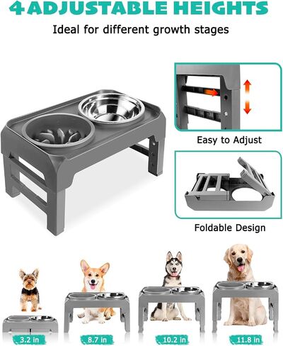 Elevated Dog Bowls, Raised Bowl Stand with Slow Food Feeder & Stainless Steel Water Dish, Feeding Station with 4 Adjustable Heights for Small Medium Large Dogs in Saudi Arabia