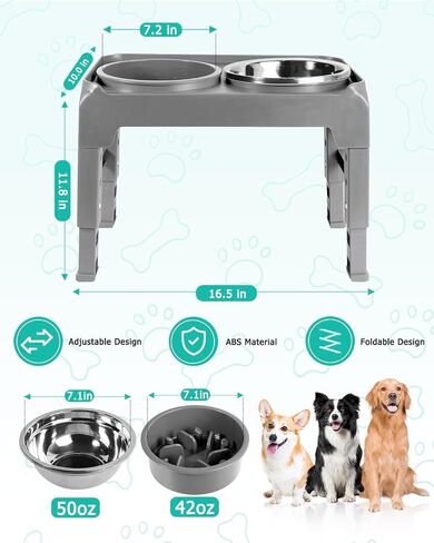 Elevated Dog Bowls, Raised Bowl Stand with Slow Food Feeder & Stainless Steel Water Dish, Feeding Station with 4 Adjustable Heights for Small Medium Large Dogs in Saudi Arabia