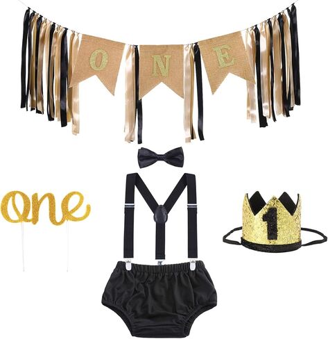 زي Boy Cake Smash - زينة عيد الميلاد الأول، زي Smash Cake وحمالات، لافتة عيد ميلاد، تاج، أغطية الكعكة (أسود) in Kuwait