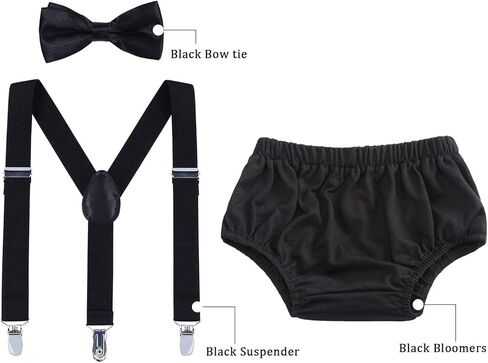 زي Boy Cake Smash - زينة عيد الميلاد الأول، زي Smash Cake وحمالات، لافتة عيد ميلاد، تاج، أغطية الكعكة (أسود) in Kuwait