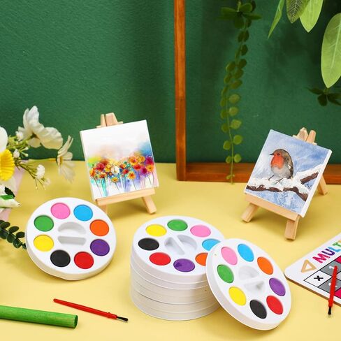 مجموعات طلاء بالألوان المائية 8 ألوان مائية مع لوحة قماشية للرسم مقاس 3 × 3 بوصة مع مجموعة حامل خشبي صغير، طقم فرشاة رسم حامل عرض قماشي ممتد مع فرشاة طلاء للأطفال (24 مجموعة) in Kuwait