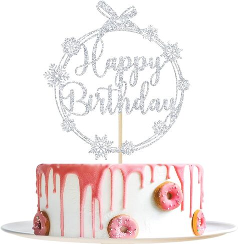 Snowflake Happy Birthday Cake Topper, Winter Birthday Cake Topper, Winter Frozen Snowflake Baby Shower Birthday Party Decorations, Red Glitter in Kuwait
