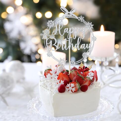 Snowflake Happy Birthday Cake Topper, Winter Birthday Cake Topper, Winter Frozen Snowflake Baby Shower Birthday Party Decorations, Red Glitter in Kuwait