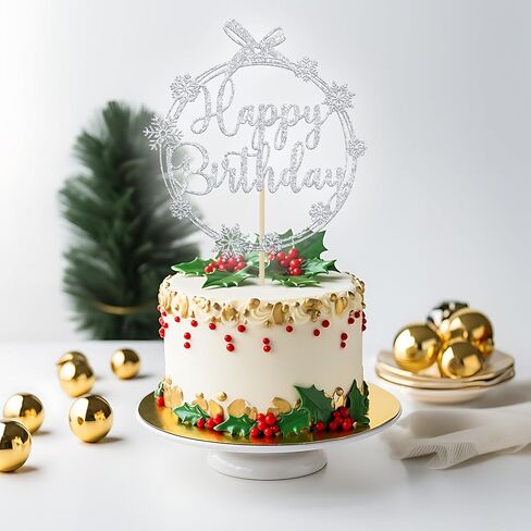Snowflake Happy Birthday Cake Topper, Winter Birthday Cake Topper, Winter Frozen Snowflake Baby Shower Birthday Party Decorations, Red Glitter in Kuwait