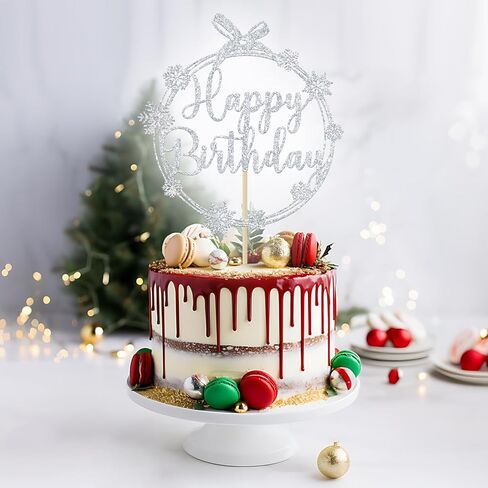 Snowflake Happy Birthday Cake Topper, Winter Birthday Cake Topper, Winter Frozen Snowflake Baby Shower Birthday Party Decorations, Red Glitter in Kuwait