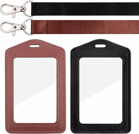 Leather Badge Holder Vertical ID Badge Holder with Lanyard Work Card Holders 2 Sided Clear Window Badge Holder and Detachable Neck Nylon Lanyard for Office and School(Black&Gray) in Saudi Arabia