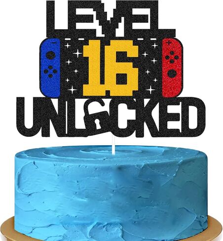 Level 16th Unlocked Sign Cake Topper Happy 16th Birthday Level Up Sixteenth Cake Decorations for Video Game Controller Themed Kids Boy Girl Bday Party Supplies Double Sided in Kuwait
